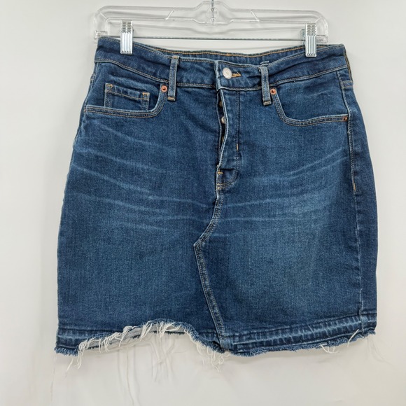 Old Navy Dresses & Skirts - Old Navy Denim Skirt High-Rise Frayed Hem Mini Button Fly Dark Wash 6
